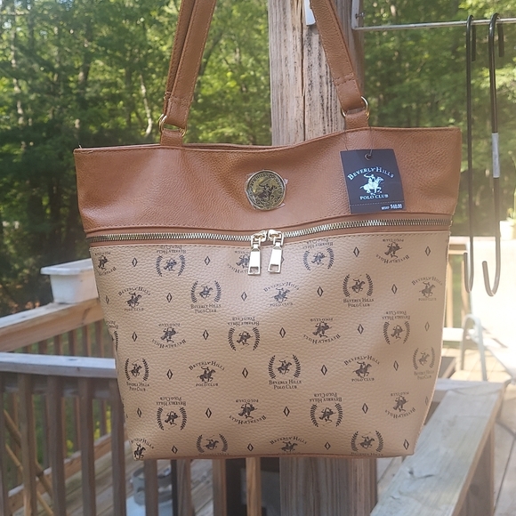 Beverly Hills Polo Club Tan Signature Monogram Faux Leather Tote Bag - Picture 5 of 14